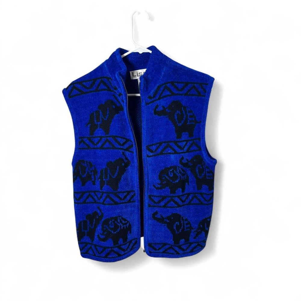 Lisa International Blue & Black Elephant Vest with Geometric Patterns